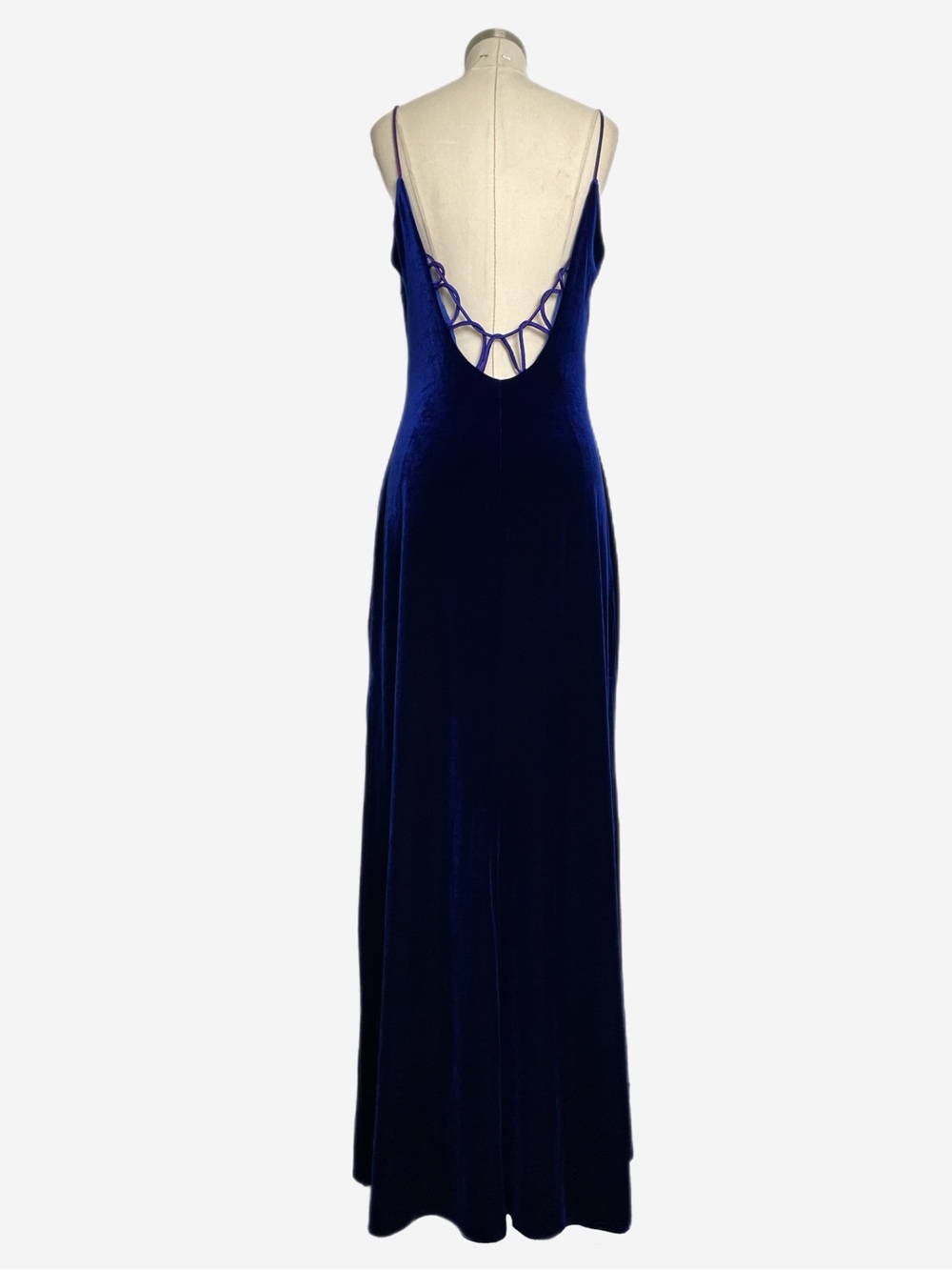 Vintage Y2K Niki Livas Blue velvet cross strap open back maxi gown holiday M/L - Picture 7 of 13